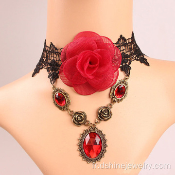 Collier pendentif mode dentelle rouge Rose pierres précieuses